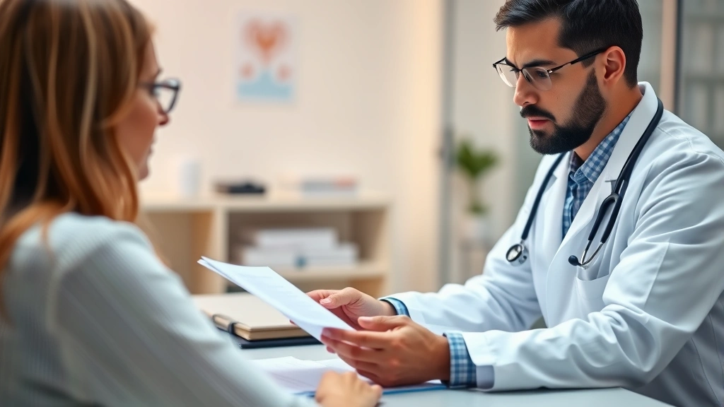 Doctor in white coat reviewing medical documents at desk with patient, professional healthcare setting, warm lighting, focus