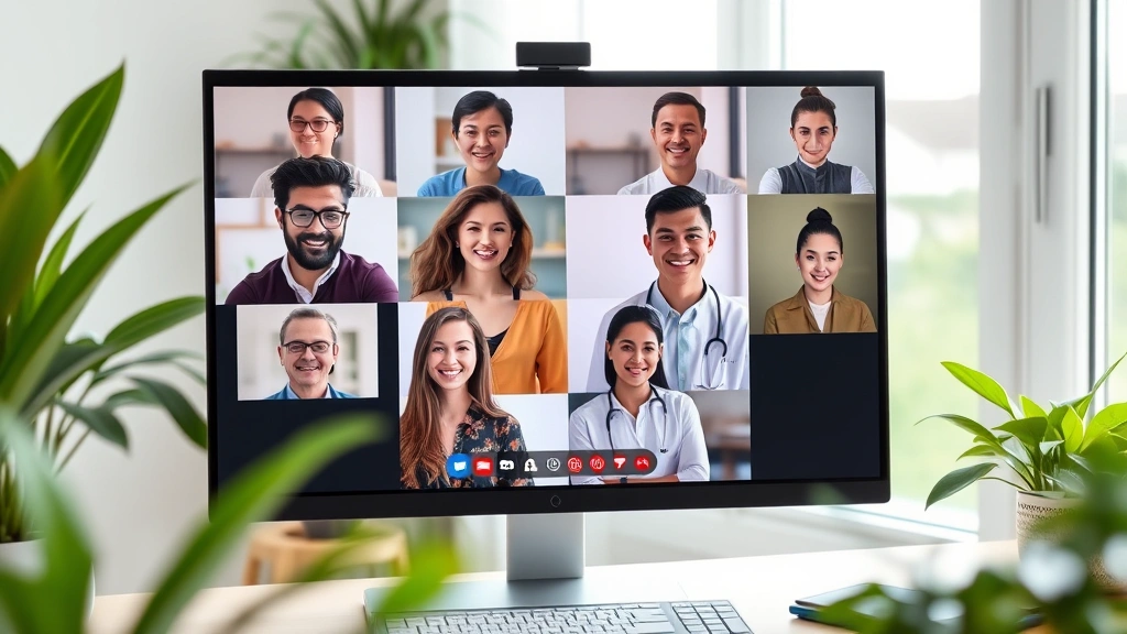 Diverse group of people in virtual telehealth appointment on computer screen, healthcare provider on video call, home office
