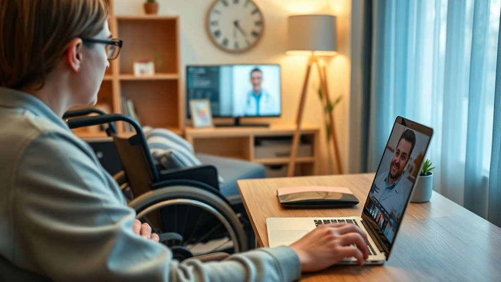 Person in wheelchair video calling doctor on laptop at home office desk, professional medical consultation setup