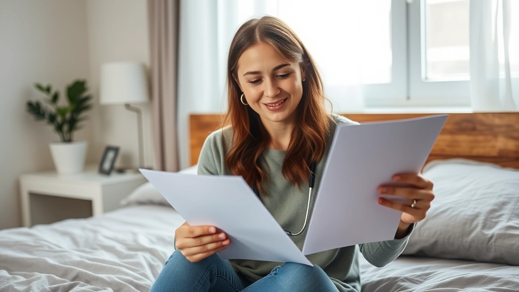 Woman sitting on bed reading medical letter from doctor with satisfied expression in bright bedroom