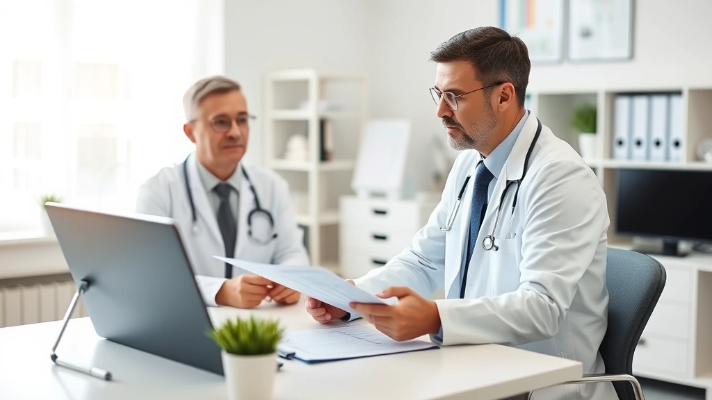 Doctor in white coat reviewing medical documents with patient sitting across desk in bright clinical office