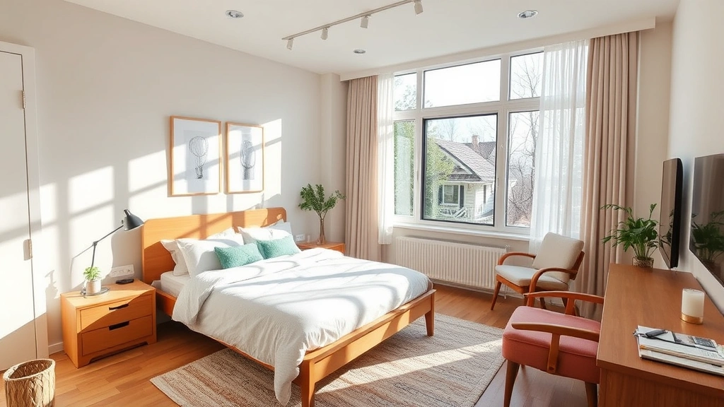 Peaceful modern bedroom with natural sunlight, accessible design features, and comfortable furniture arrangement