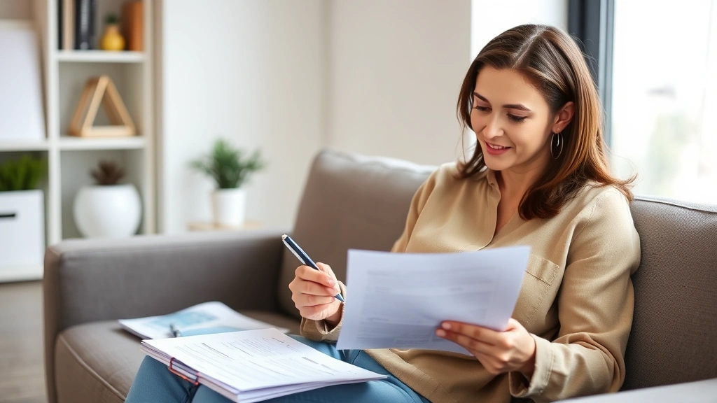 Woman sitting on couch reviewing medical documents with pen in hand, bright natural light from window, calm professional home