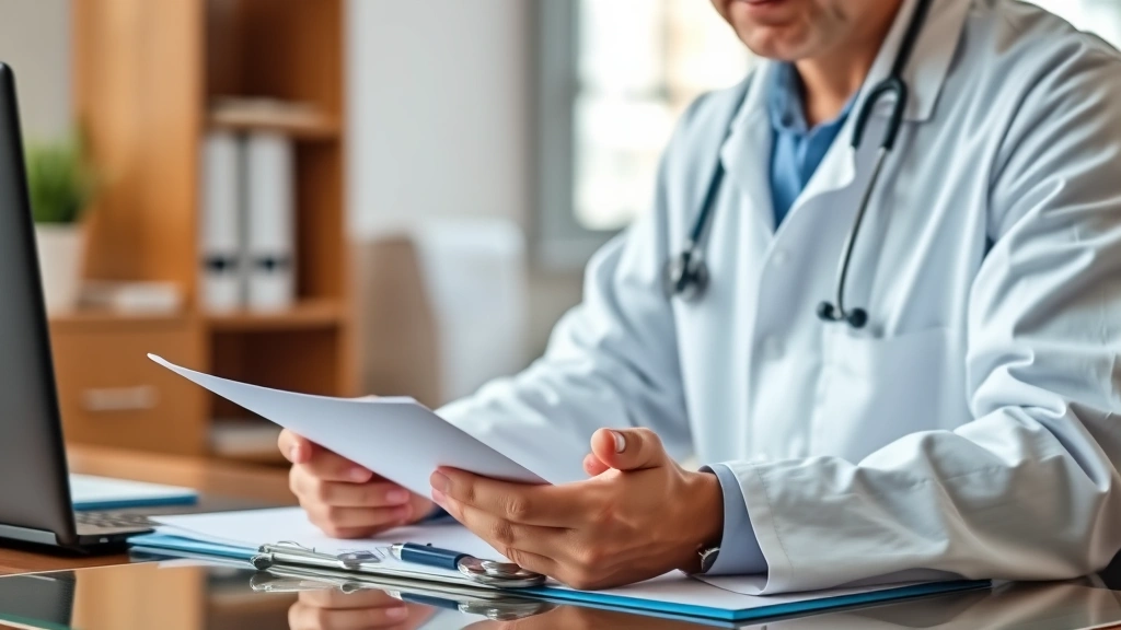 Doctor in white coat reviewing patient file at desk with stethoscope, warm office lighting, healthcare professional environme