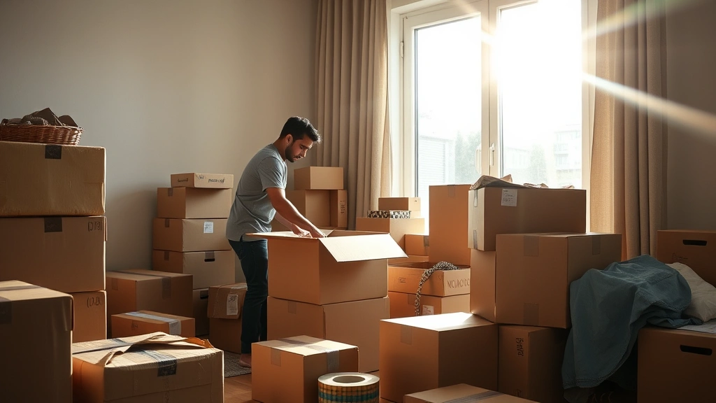 Person packing boxes in apartment with moving supplies, sunlight streaming through window, organized moving scene with boxes