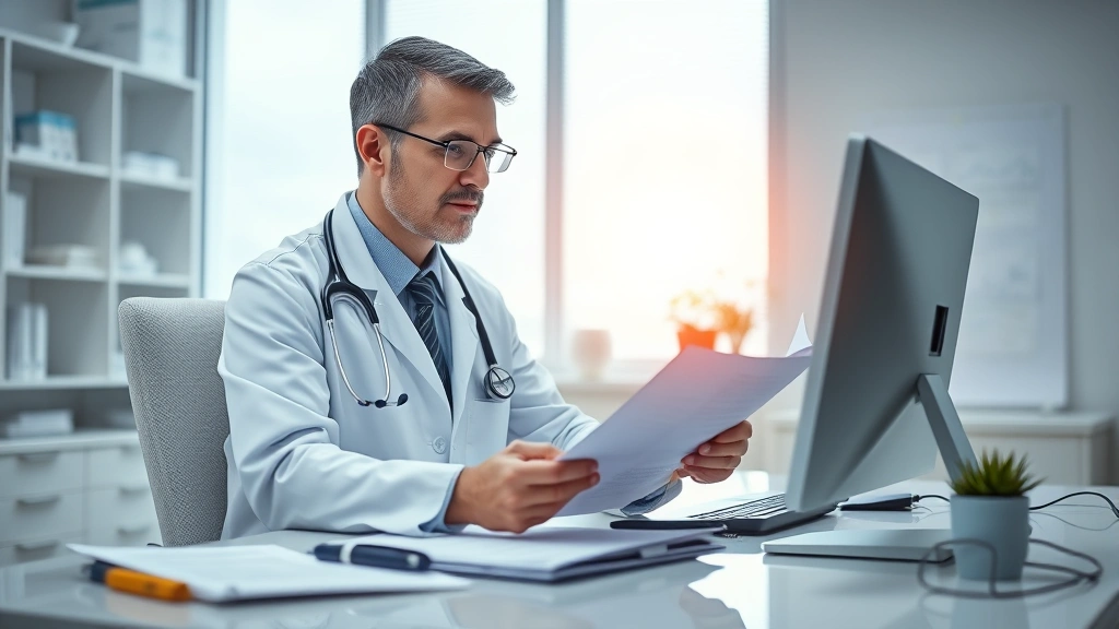 Doctor in white coat reviewing medical documents at desk in bright clinic office with stethoscope and computer
