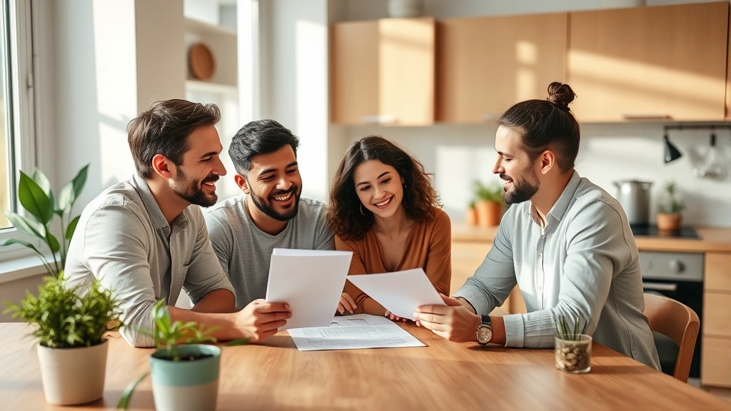 Diverse family reviewing apartment lease document together at kitchen table with warm natural lighting and plants