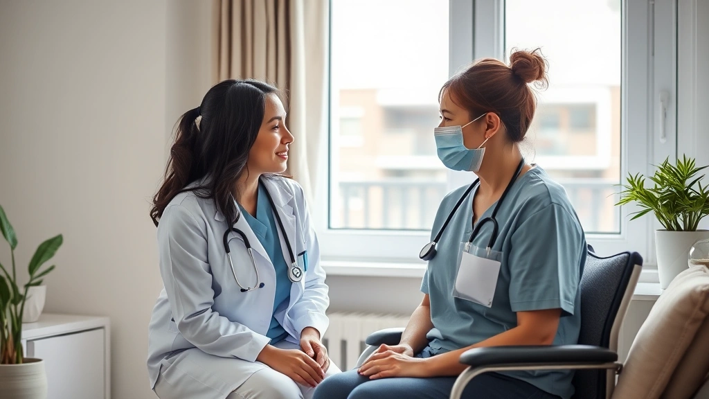 Female healthcare provider in professional attire consulting with patient in accessible ground floor apartment near window