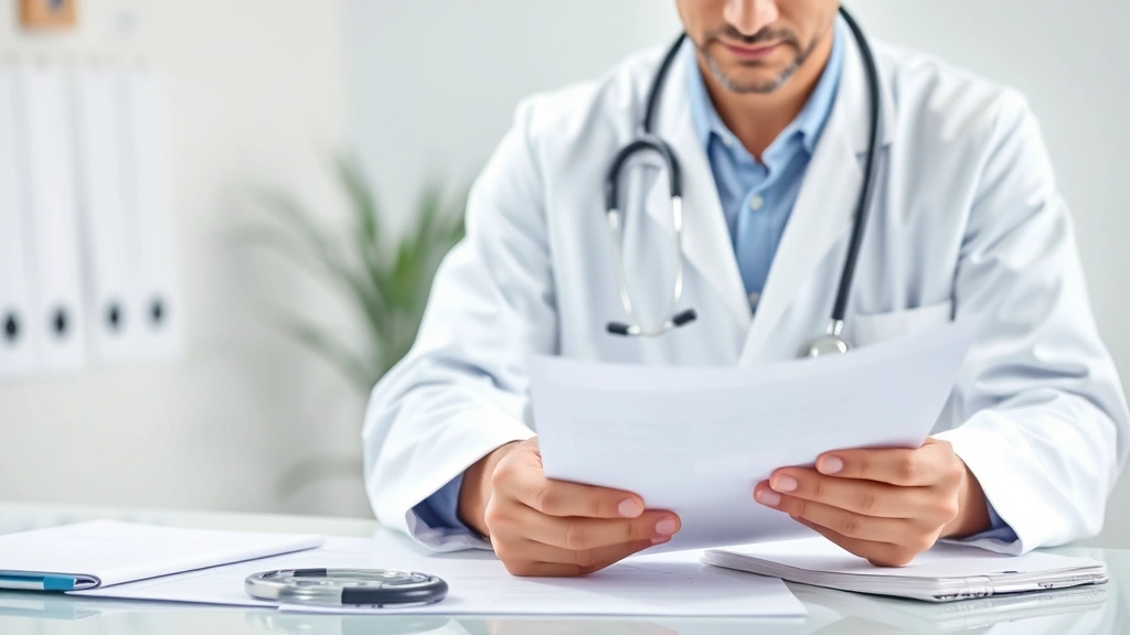 Doctor in white coat reviewing medical documents at desk with stethoscope, professional healthcare setting