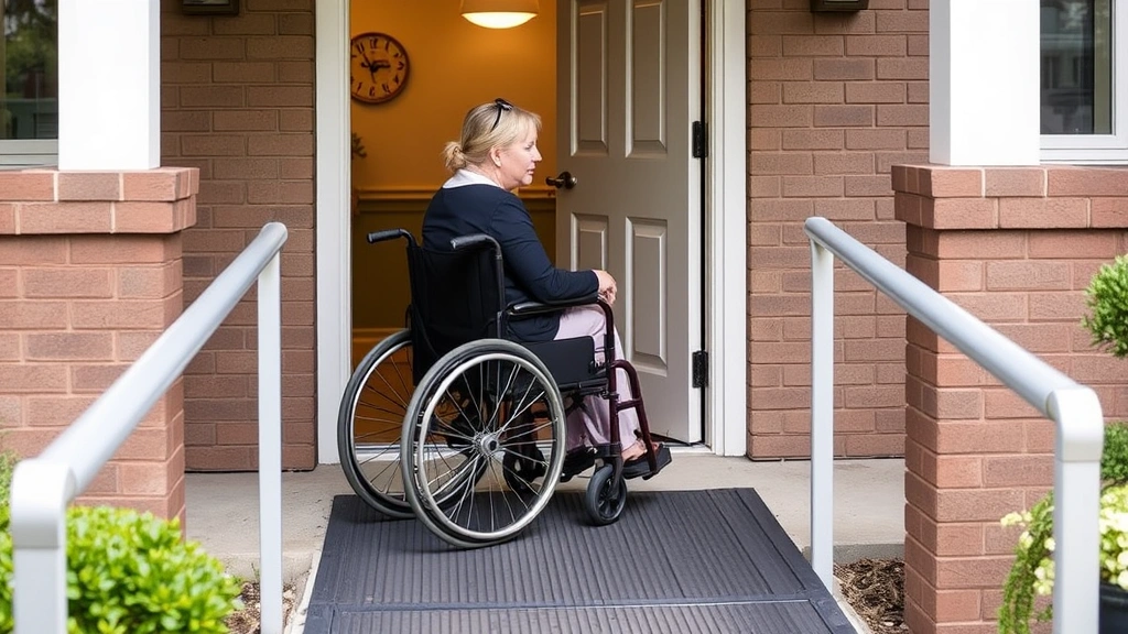 Woman in wheelchair accessing ground floor apartment entrance with accessible ramp and handrails