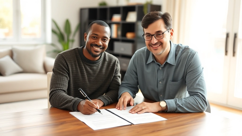 Tenant signing lease agreement paperwork at table with calm supportive expression in bright living room