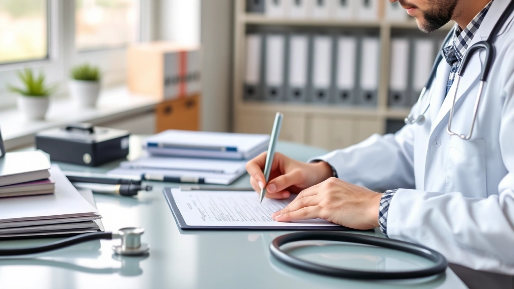 Doctor writing medical documentation at desk with patient files and stethoscope, professional healthcare office setting with