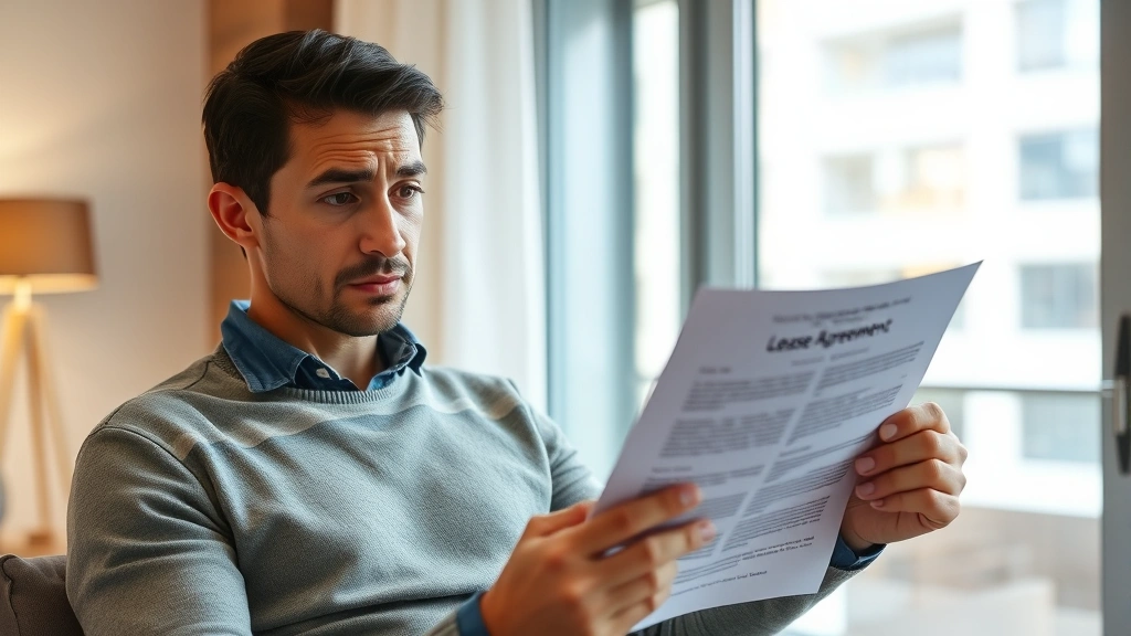 Tenant reviewing housing lease agreement document with concerned expression, modern apartment interior visible through window