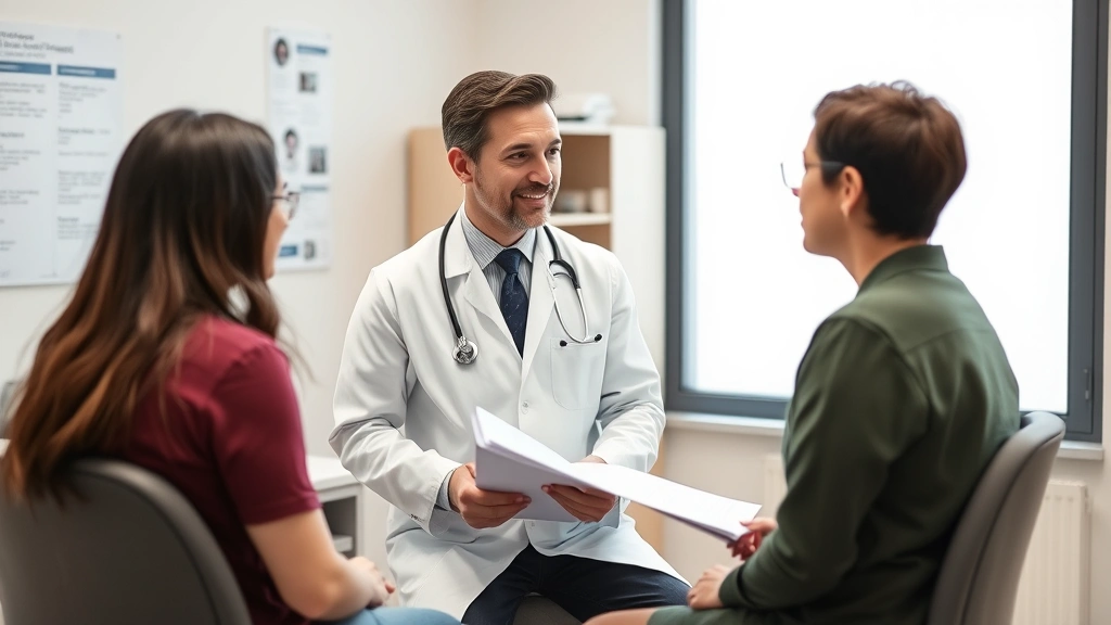 Healthcare provider in white coat consulting with patient in clinical examination room, discussing medical records and treatm