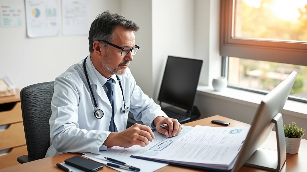 Doctor reviewing medical files at desk with stethoscope and health records near window