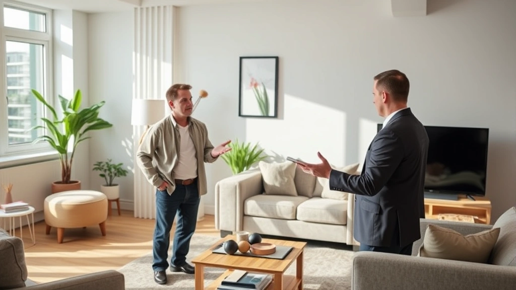 Tenant and landlord having professional discussion in apartment living room during daytime