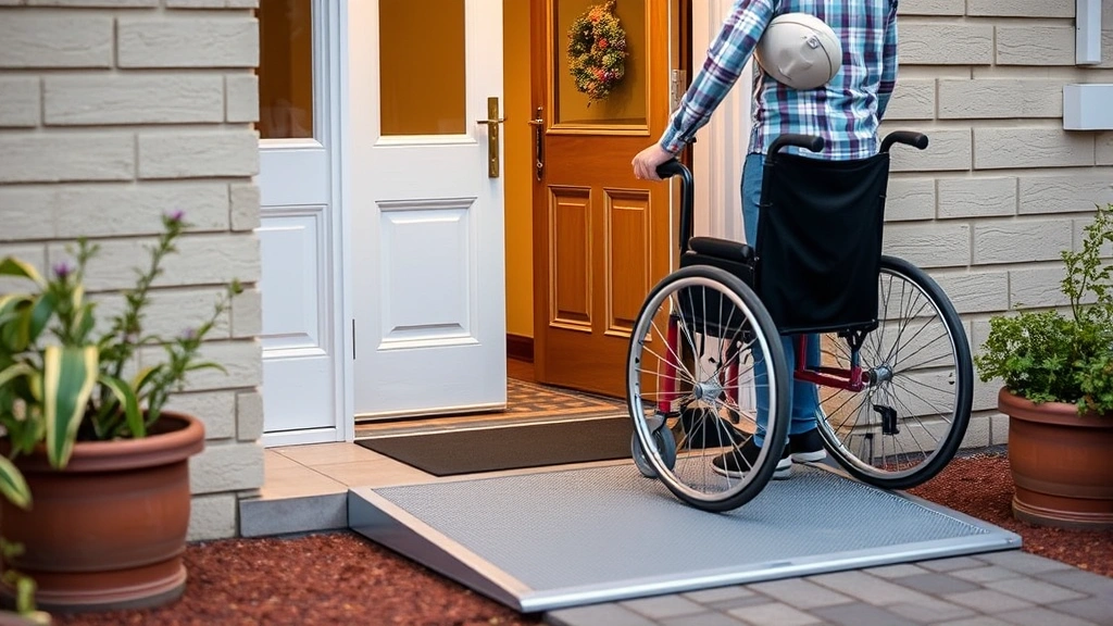 Person with mobility aid using accessible ground floor apartment entrance with proper ramps