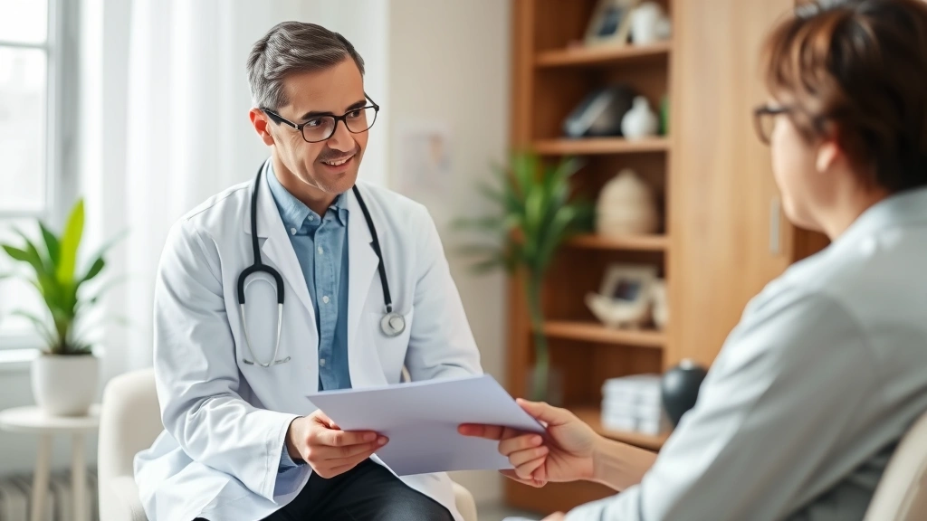 Healthcare provider in white coat reviewing documents with patient in comfortable clinical office setting