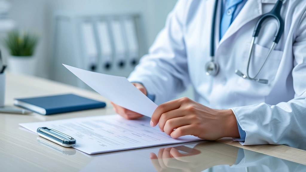 Healthcare provider in white coat reviewing medical documents at desk with patient file