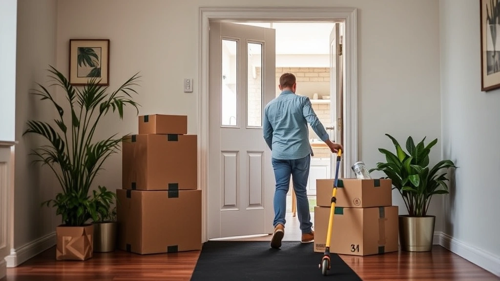 Person moving cardboard boxes into new accessible apartment with wide doorways and ramp