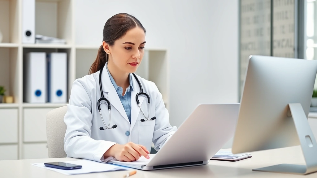 Professional female doctor in white coat reviewing medical documents at office desk with stethoscope and computer visible