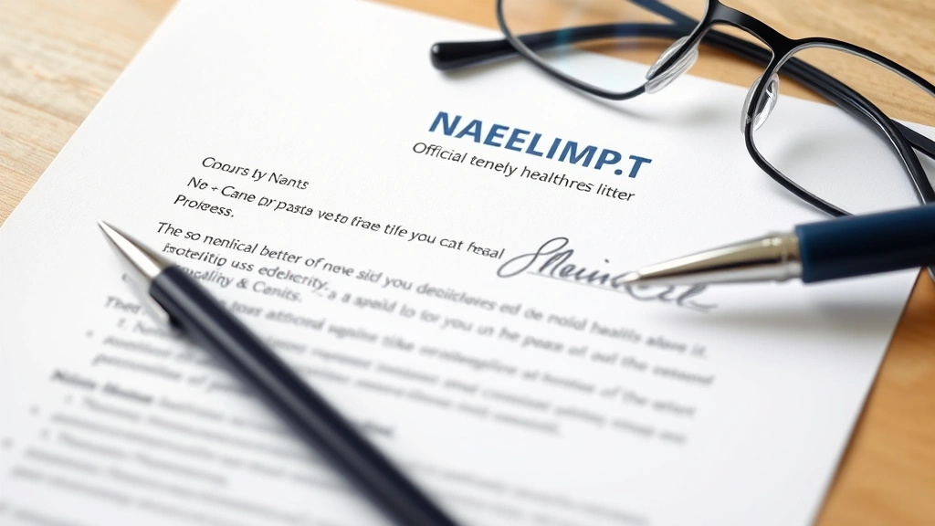 Close-up of signed medical letter on official healthcare provider letterhead with pen and reading glasses