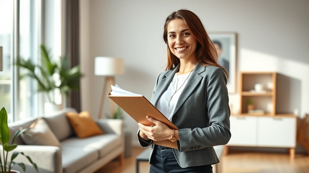 Confident young professional woman holding folder with documents standing in modern apartment living room with natural light