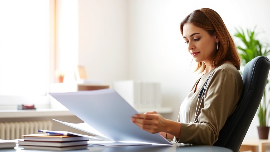 Professional woman in casual clothing sitting at desk reviewing medical documents with calm expression, bright natural light