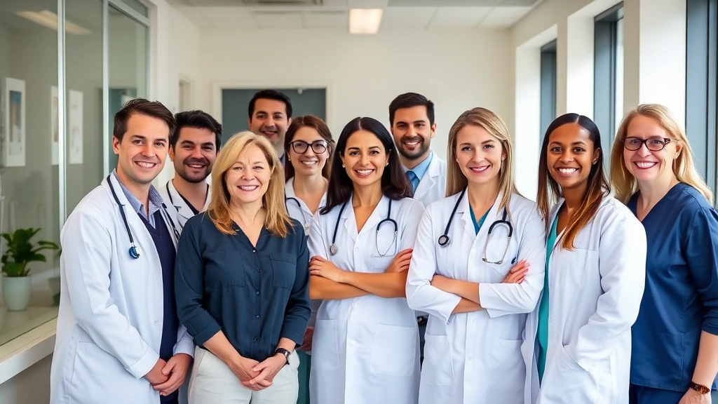 Diverse group of healthcare professionals in modern clinic setting, smiling and collaborative, natural lighting, professional