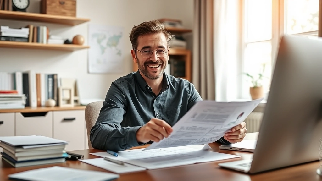 Person reviewing lease agreement at home office with positive expression, natural light, organized desk with minimal document