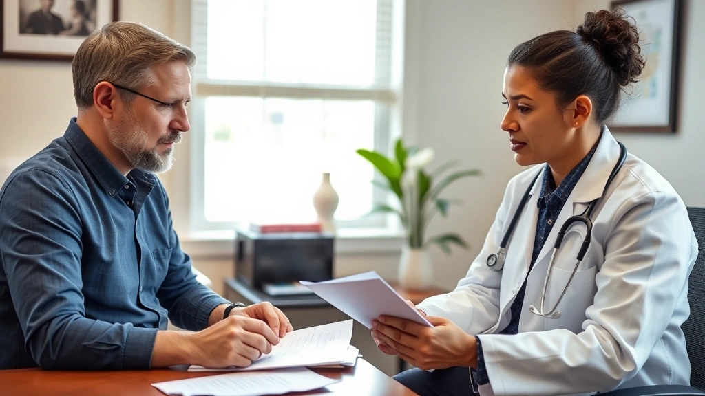 Doctor in professional office reviewing medical documents with patient discussing housing accessibility needs and health conc