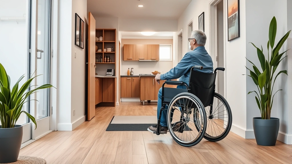 Person in wheelchair in accessible apartment with ramp entrance modern safety features and spacious floor plan