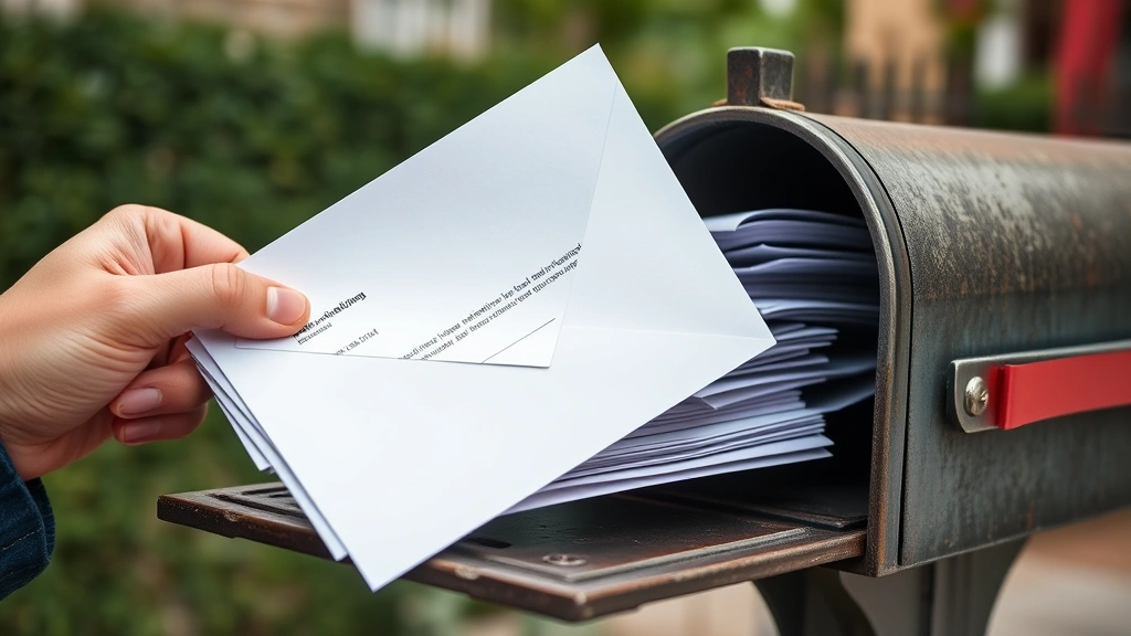 Tenant holding certified mail letter at mailbox with formal documentation stack representing legal accommodation request proc