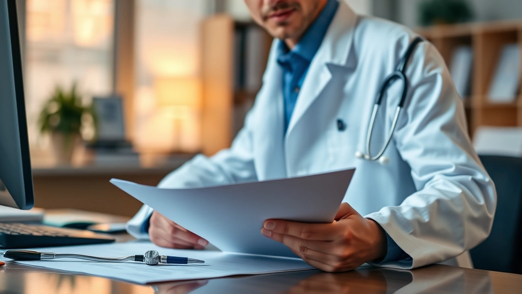 Medical professional in white coat reviewing documents at desk with stethoscope visible, warm office lighting