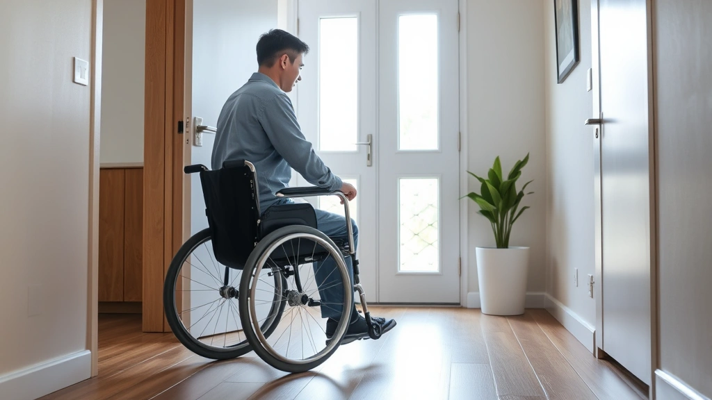 Person in wheelchair in accessible apartment with wide doorways and modern accessibility features, natural daylight through w