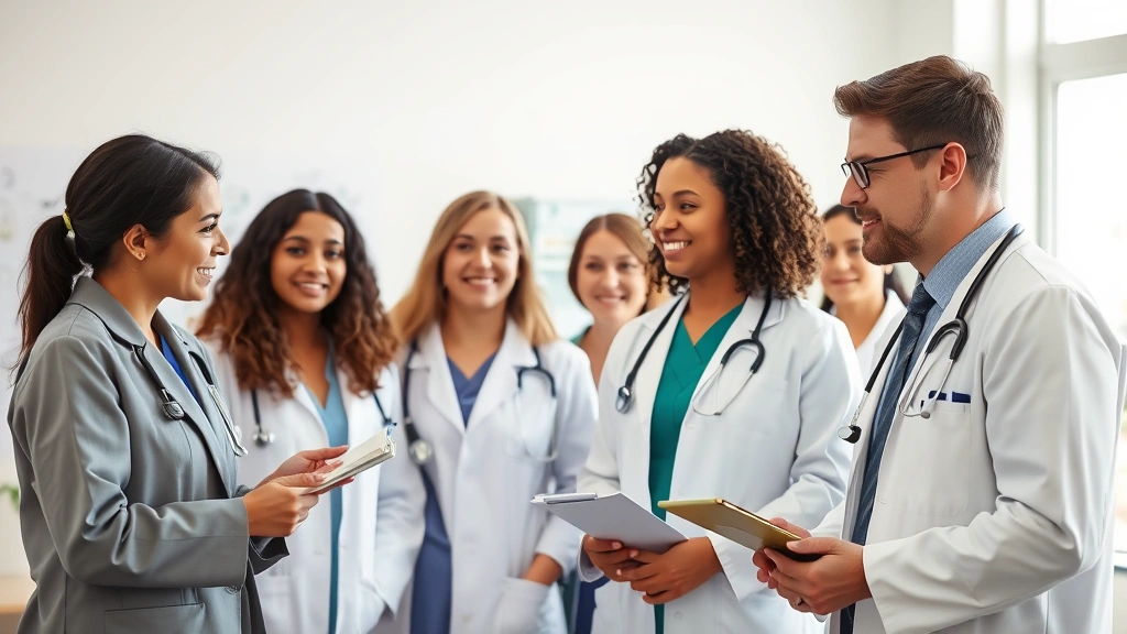 Diverse group of healthcare providers including doctor and psychiatrist in professional setting with medical charts, welcomin