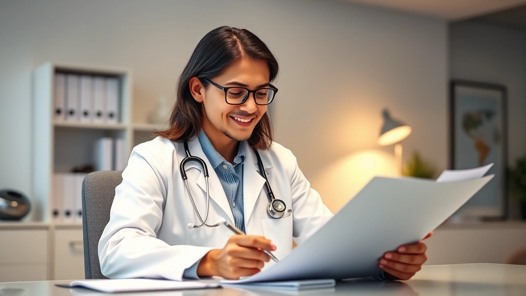 Licensed doctor in white coat reviewing medical documents at desk with stethoscope, professional office setting, warm lightin