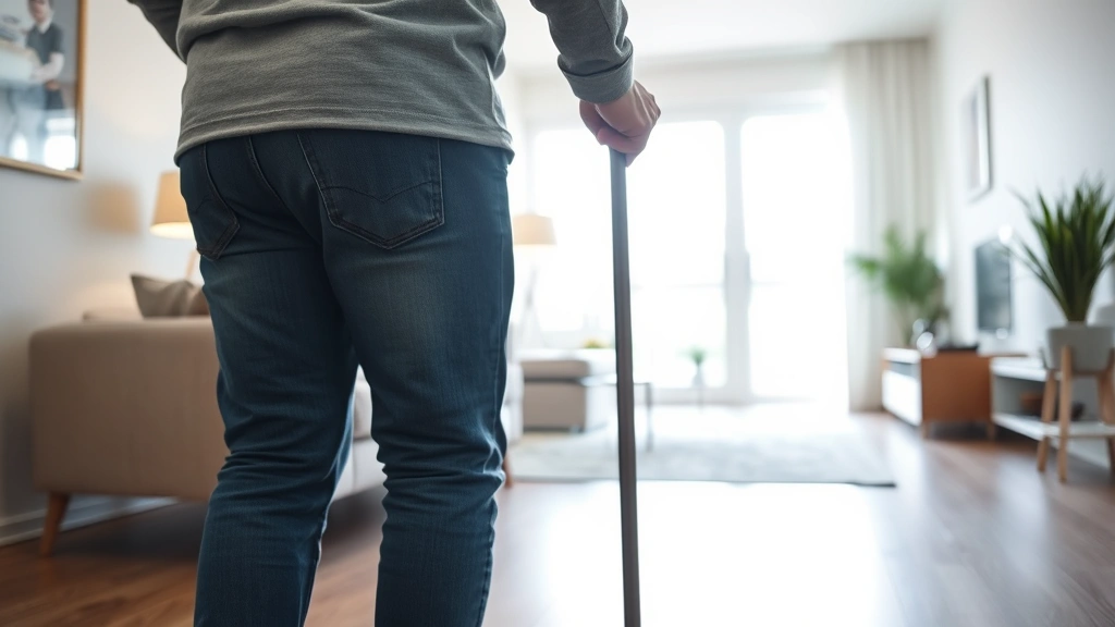 Person with mobility cane looking at accessible apartment with no stairs, sunlit modern living room, ground floor entrance vi