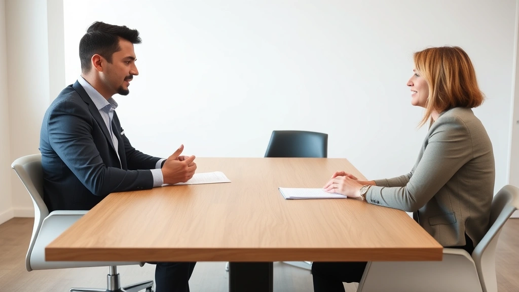 Tenant and landlord having professional conversation across table with papers, neutral meeting room, natural light, respectfu