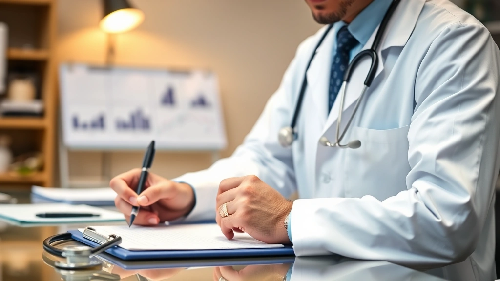 Doctor in white coat writing on clipboard at desk with stethoscope and medical records visible, professional office setting w