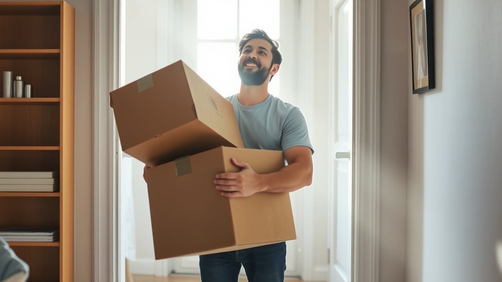 Tenant holding moving boxes in apartment entryway with sunlight streaming through window, looking relieved and hopeful about