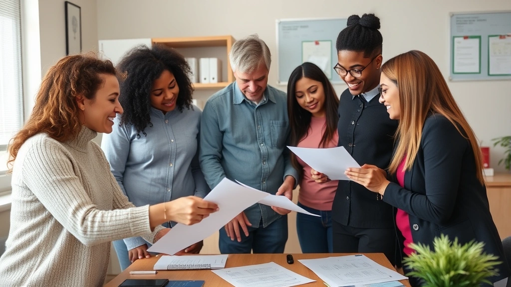 Diverse group of people in community legal aid office reviewing documents together, supportive counselor pointing at paperwor