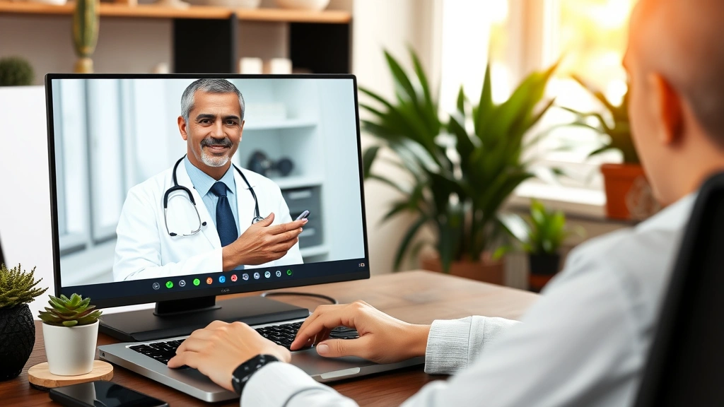 Person video conferencing with doctor on laptop in home office, warm professional setting with plants