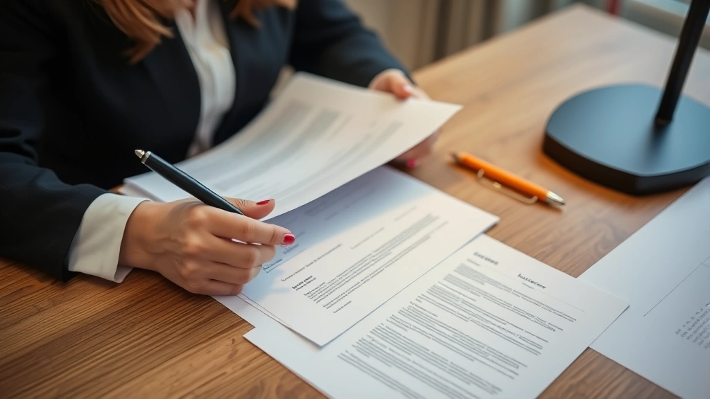 Woman reviewing documents at desk with medical letter and lease papers organized neatly