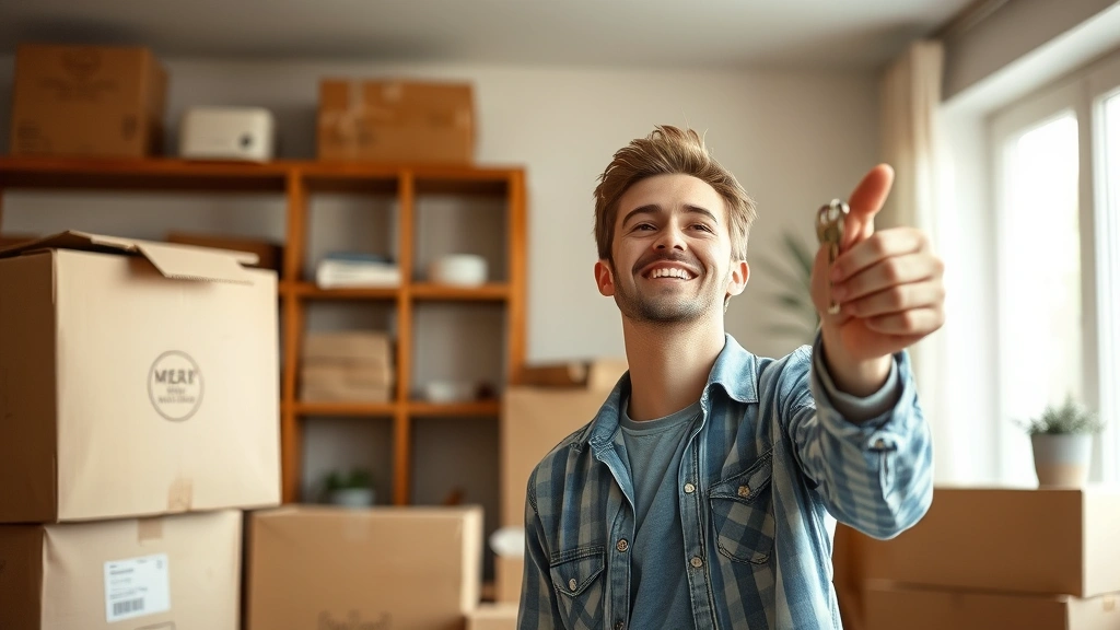 Young adult with moving boxes and apartment keys, relief and calm expression, bright natural lighting