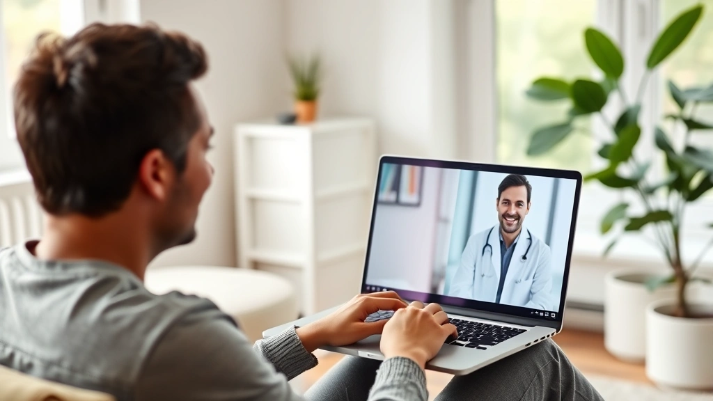 Person in comfortable home office having video consultation with doctor on laptop screen, natural window light, relaxed expre