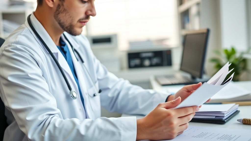Healthcare provider reviewing medical documents at desk with stethoscope, professional medical setting, focused on paperwork,