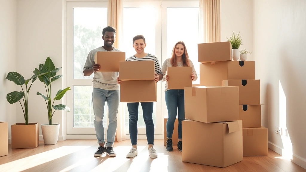 Diverse individual moving boxes into new apartment, bright clean space, sunlight streaming through windows, fresh start posit
