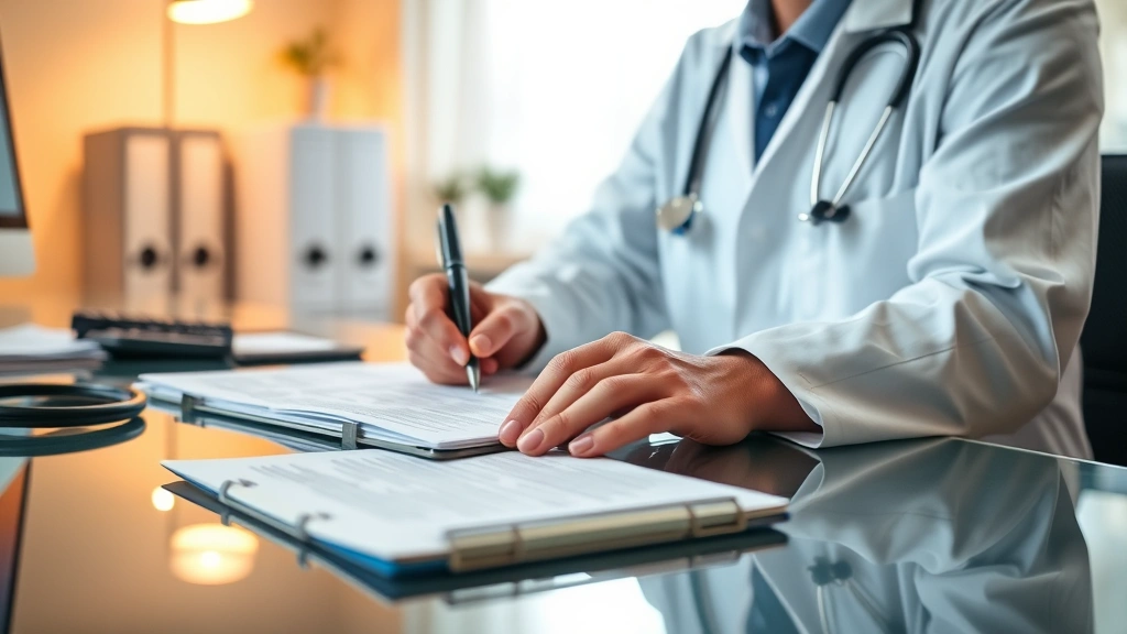 Doctor writing medical note at desk with patient file, professional healthcare office setting with warm lighting