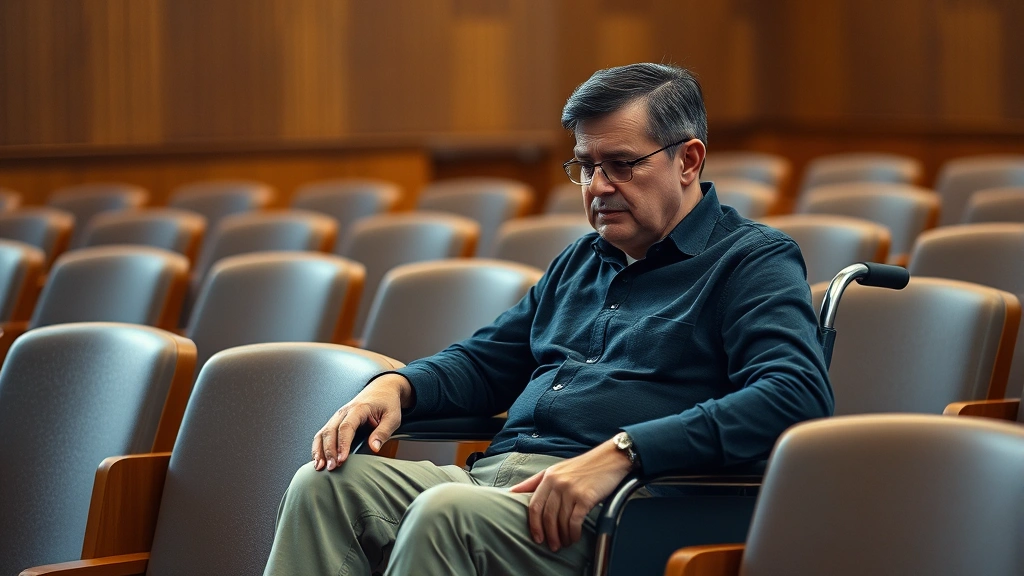 Person with mobility concerns sitting in courtroom chair looking uncomfortable, natural lighting showing physical difficulty